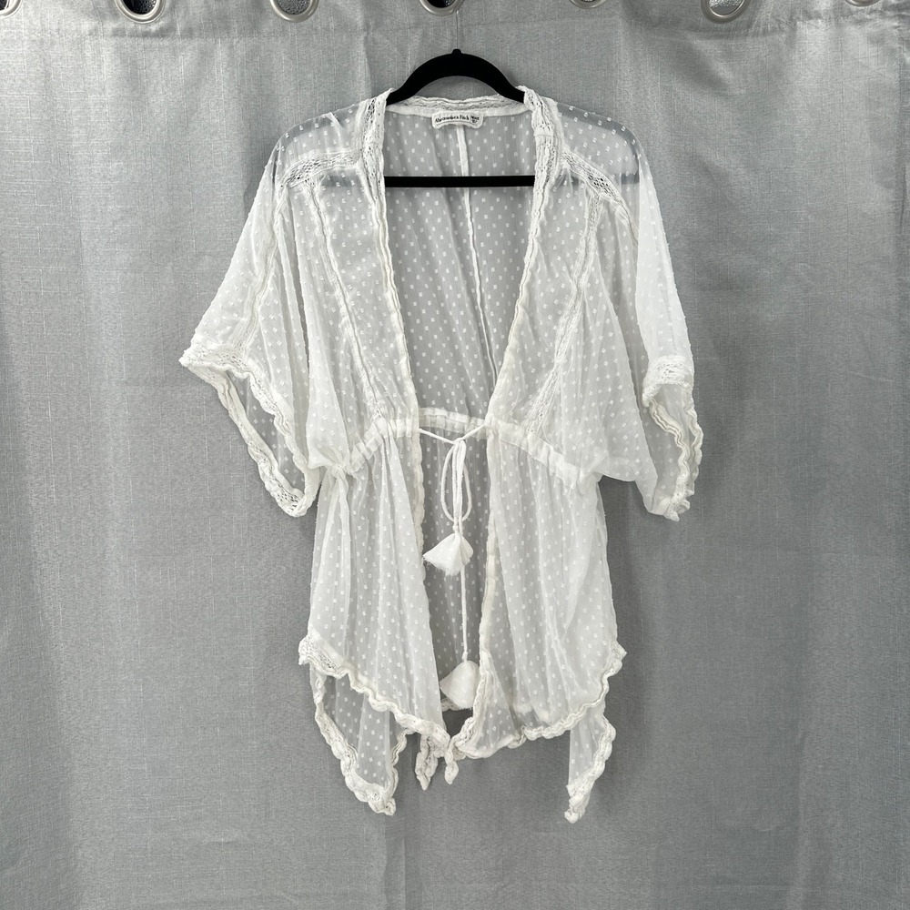 Abercrombie Fitch White Swiss Dot Lace Trim Sheer Kimono Cover Up One Size